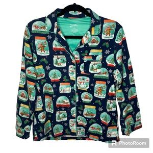 Nick & Nora Navy Teal Christmas Snow Globe Fleece Pajama Top Size S